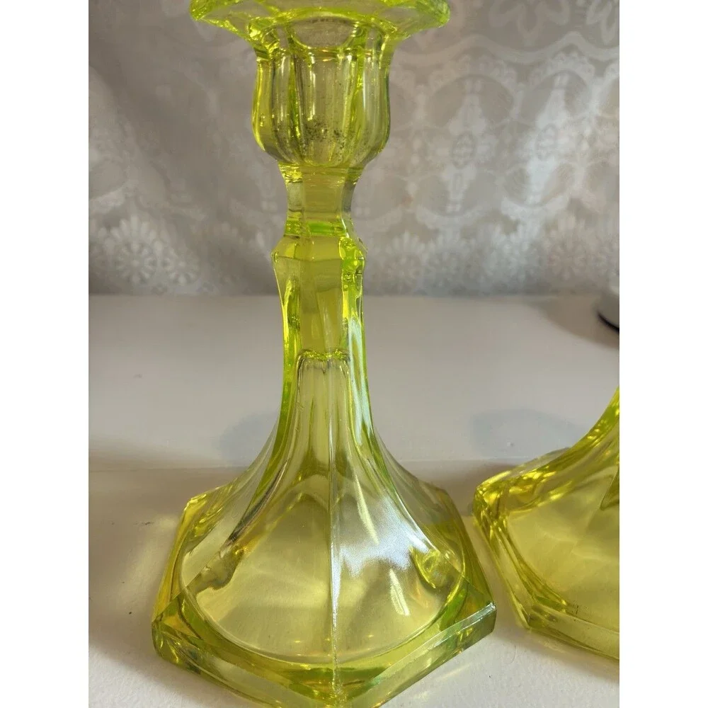 Vintage Antique Uranium Vaseline Glass Candlestick Set of 2 UV Taper Candles
